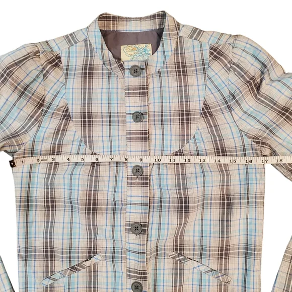 Split Women Blue Plaid Print Button Bomber Jacket Size XS - Picture 5 of 12